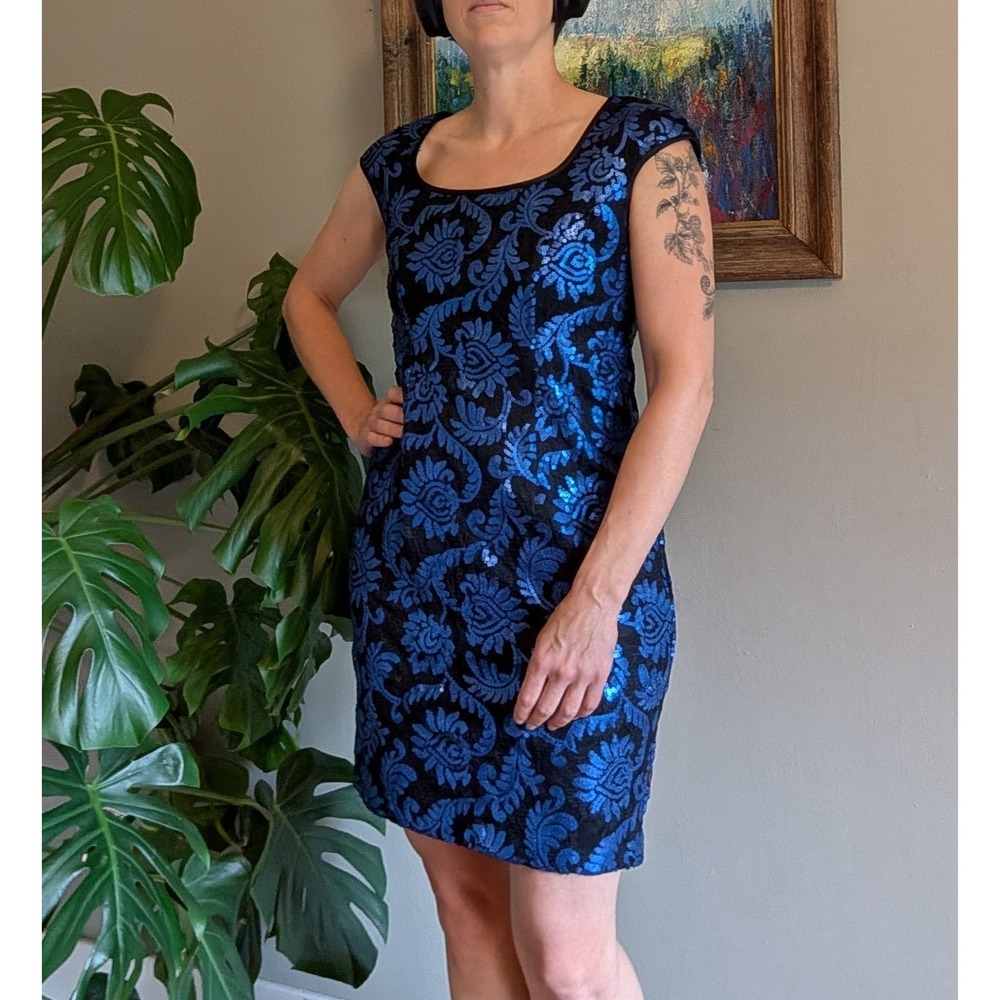 Vtg 90s Y2K Alex Evenings Dress 6P Blue Black Lace Sequins Cap Sleeve Petite
